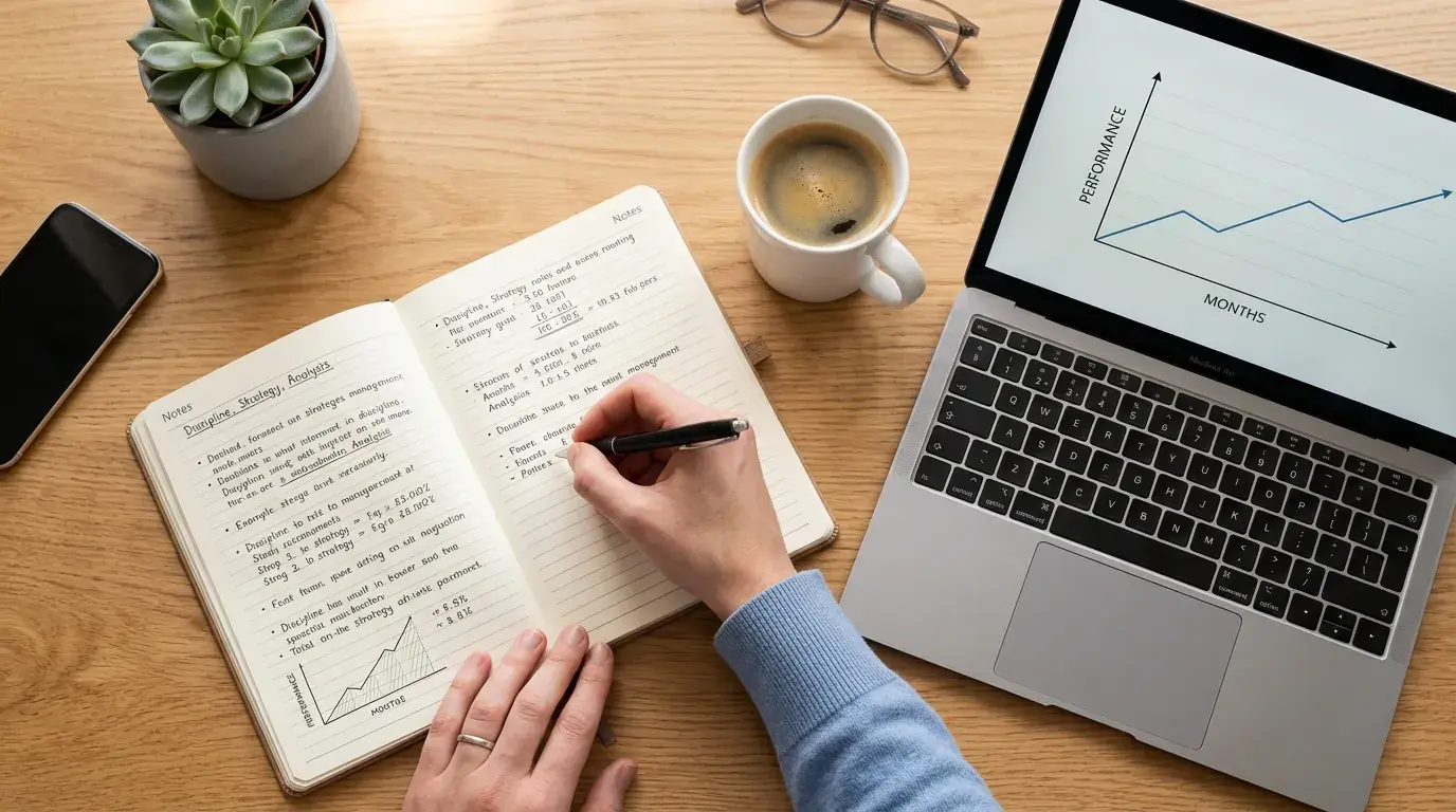 Persona escribiendo notas en un cuaderno junto a un portátil en un escritorio ordenado