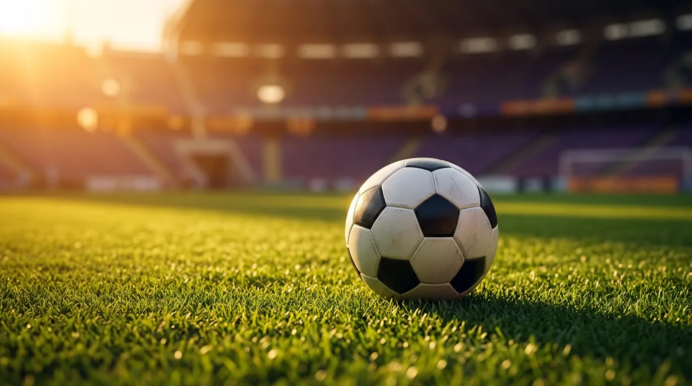Balón de fútbol iluminado bajo focos de estadio al atardecer